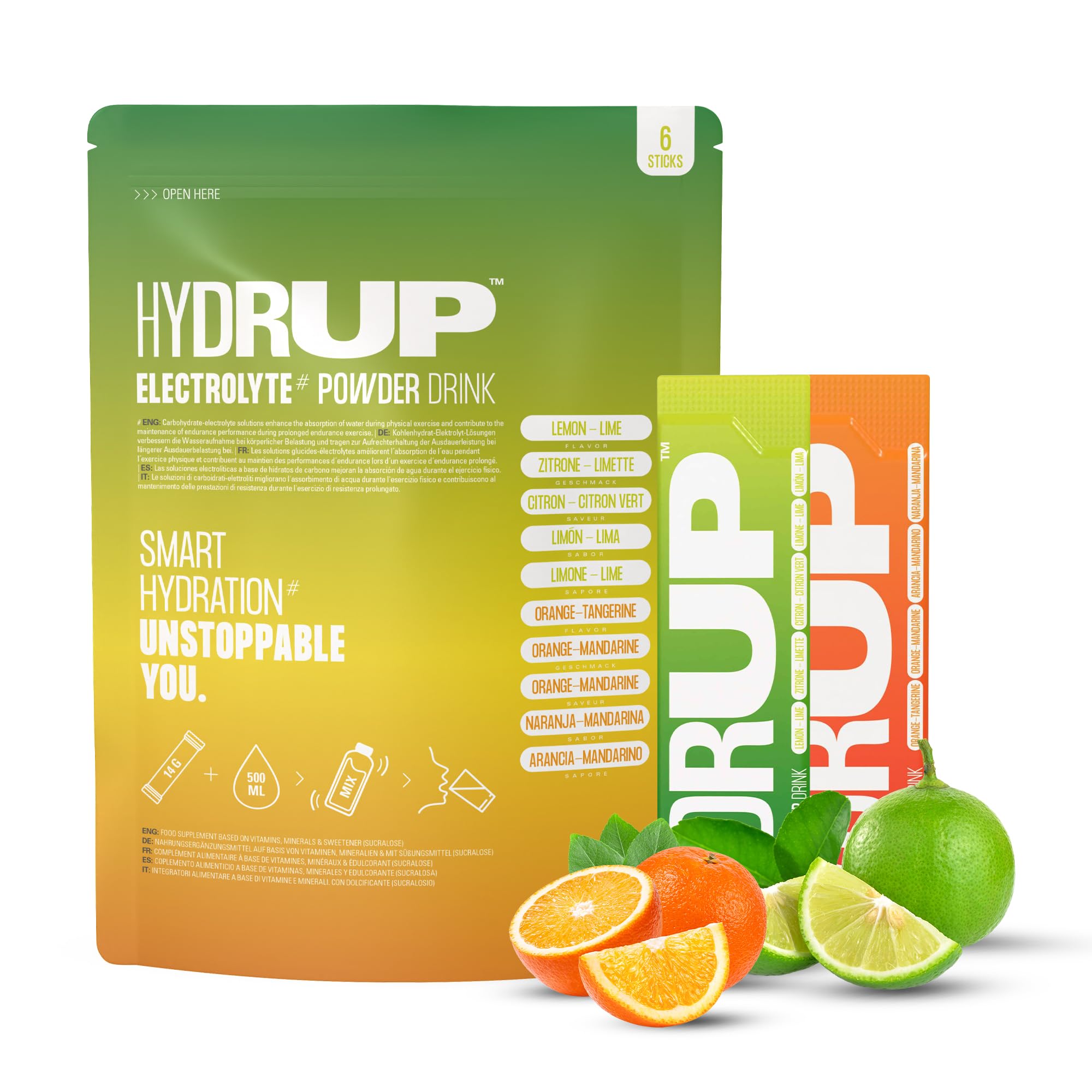 Electrolitos Sin Azucar en Polvo, 1733 mg de Electrolitos de Hidratacion de Naranja-Mandarina y Lima-Limón Altamente Concentrados con Vitaminas y Minerales, 6 Unidades (Mix)