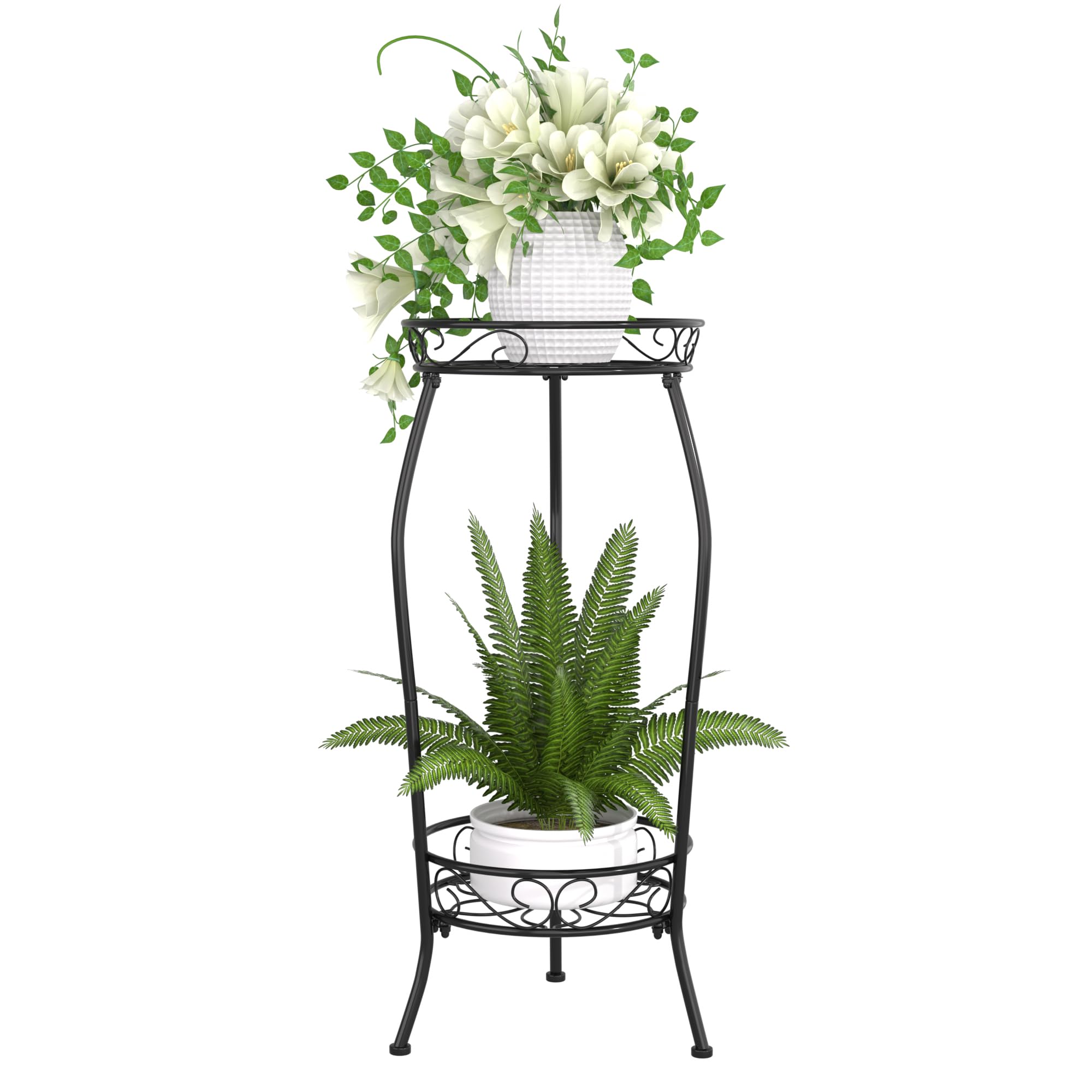VECELO 2 Tier Metal Outdoor Plant Stand Indoor, Rustproof Stable 19.3” Iron Flower Stand, Decorative Multiple Heavy Duty Plant Holder, Black
