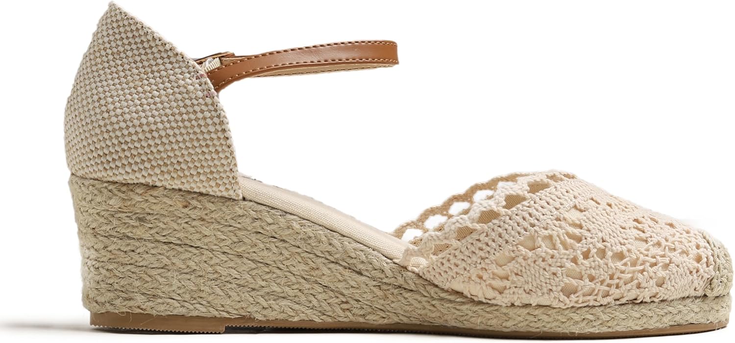 FEVERSOLE Close Toe Espadrilles Women's Comfort Breathable Mid Heel Wedge Spring Summer Tropical Dress Shoes