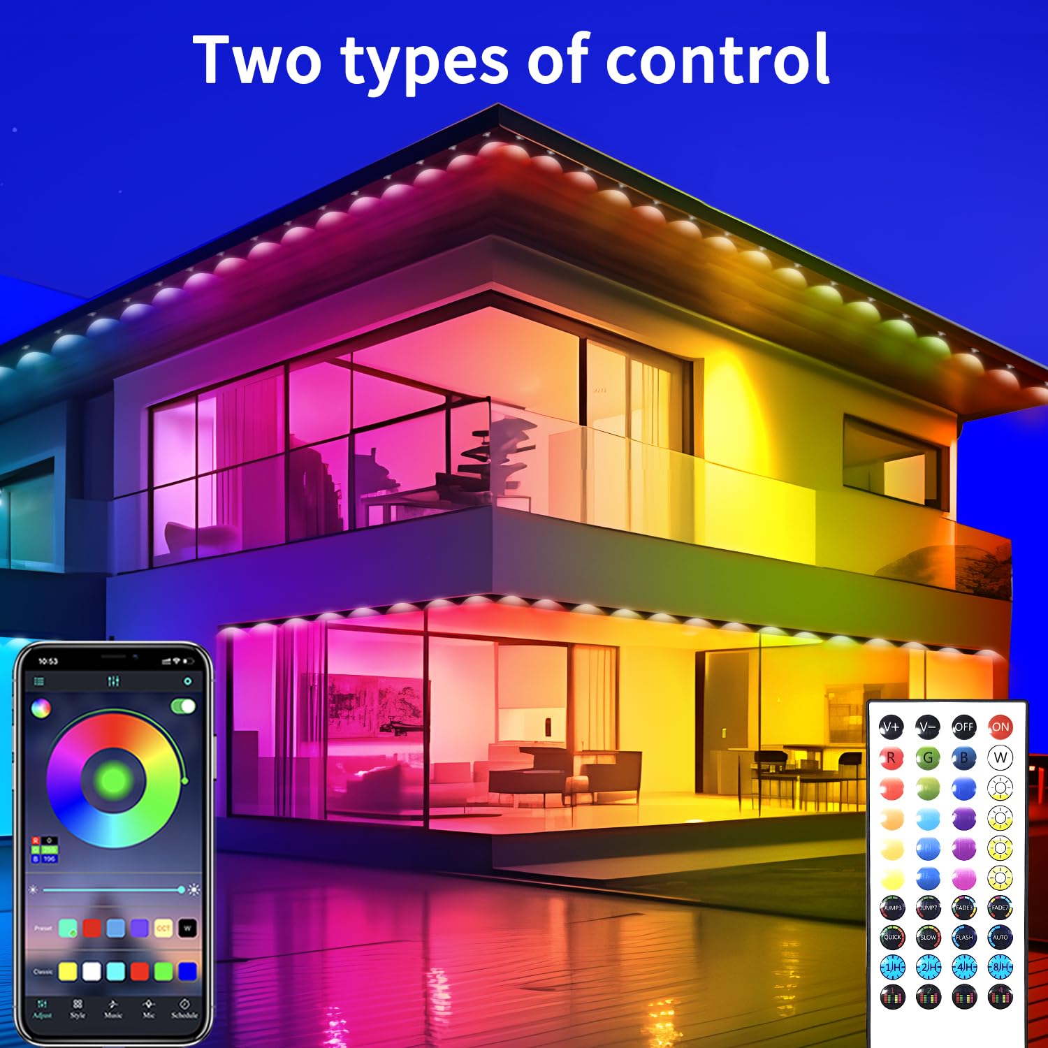 Luce permanente per esterni da 152,4 m, RGB Smart Outdoor con APP e telecomando, sincronizzazione musicale temporizzata IP67 impermeabile LED grondaia, adatta per feste, Halloween, Natale, tetto