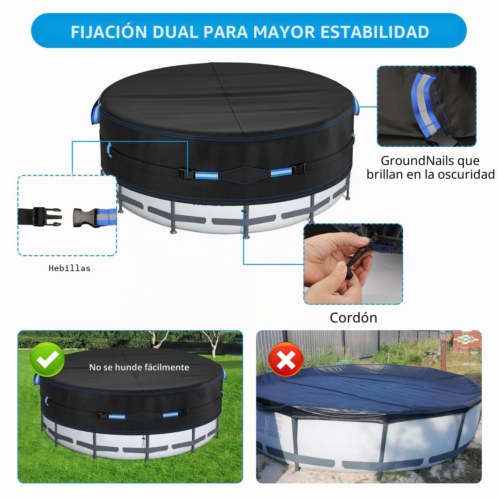 Cobertor Piscina Redondo 366cm, Tarea Pesada 420D Oxford Lona Piscina, 12FT Lona de Piscinas de Invierno y Verano, Resistente al Agua al Polvo y al Desgarro, con Cordón y Tiras Reflectantes