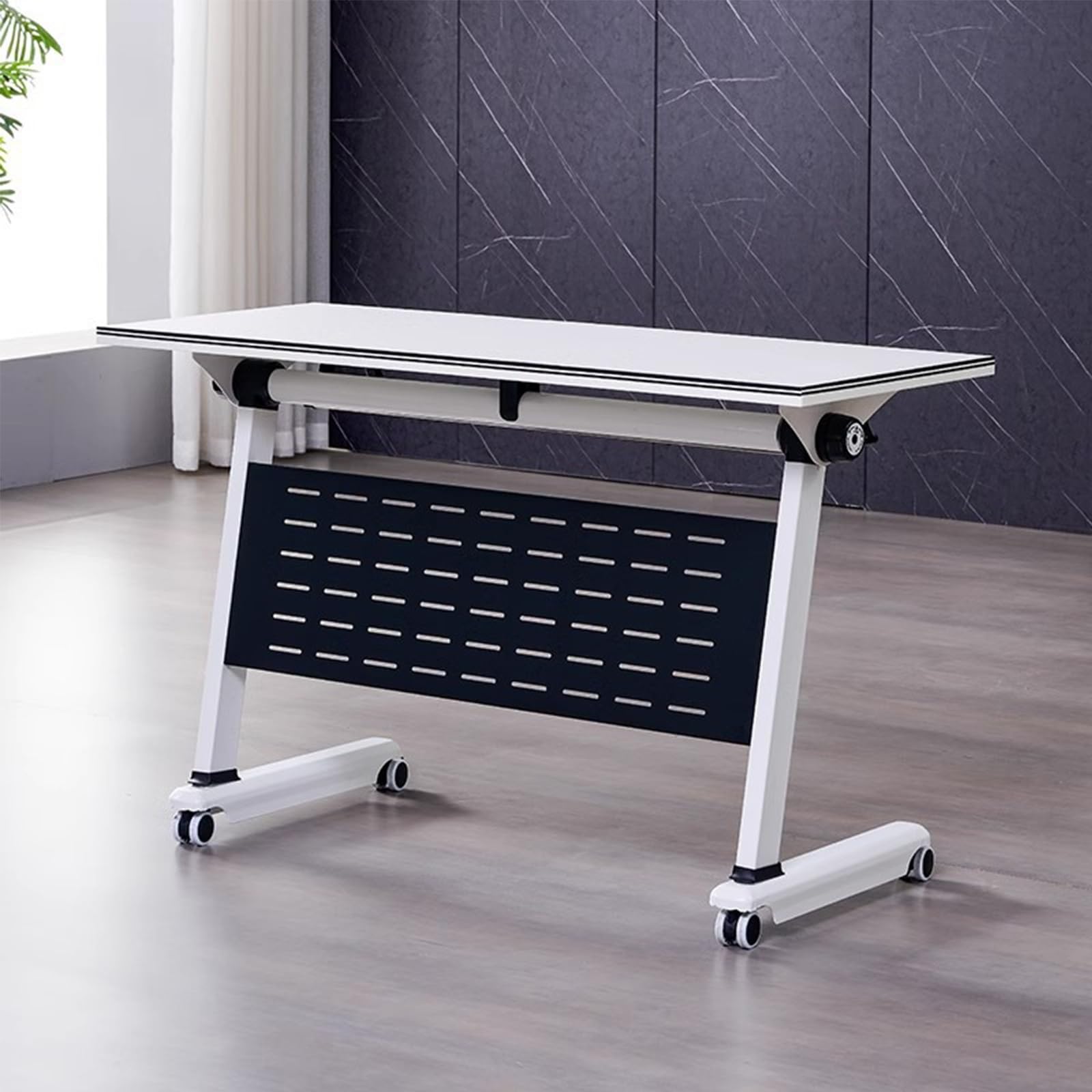 Tavolo da conferenza pieghevole con ripiano Sto e ruote, in metallo, salvaspazio, per riunioni e allenamenti, bianco, 140 x 60 x 75 cm, perfetto per uffici e lavoratori
