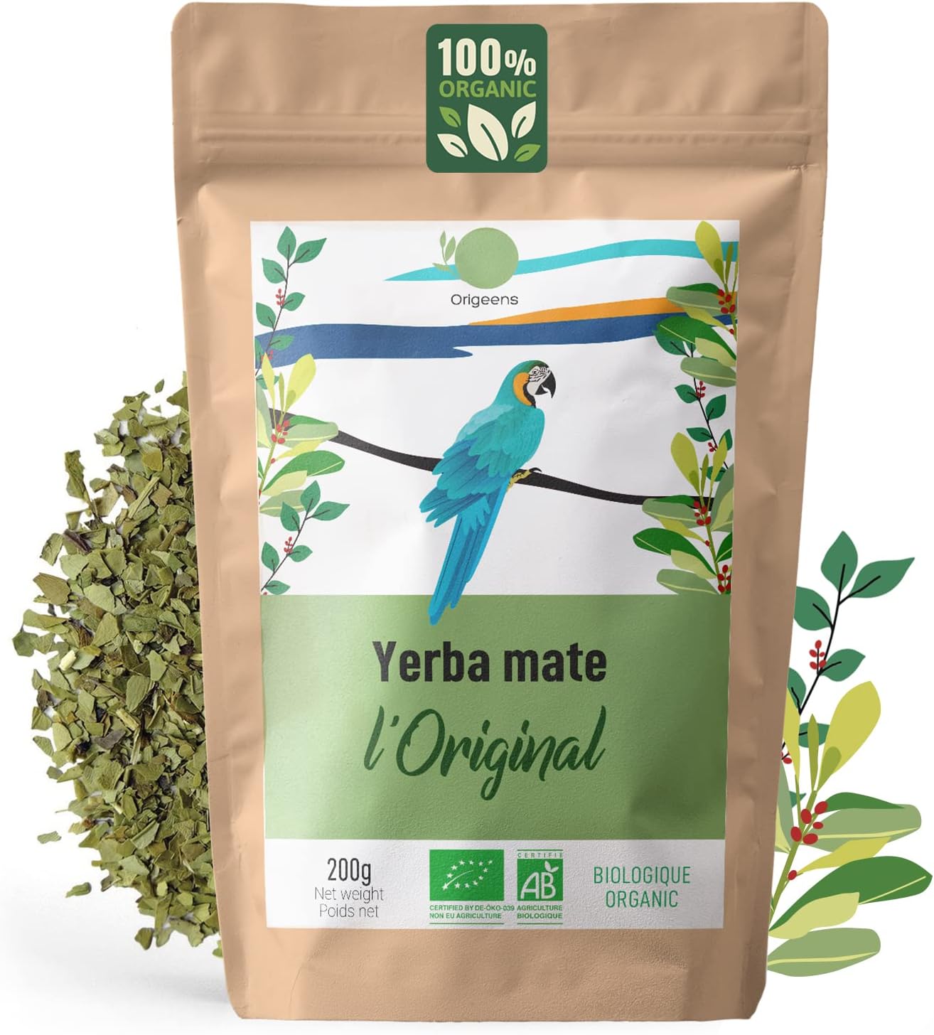 ORIGEENS ORGANIC YERBA MATE 200g | Yerba Mate Tea Hand-picked, Unsmoked, Leaf, without stems, not powdery | Energy and Detox Drink