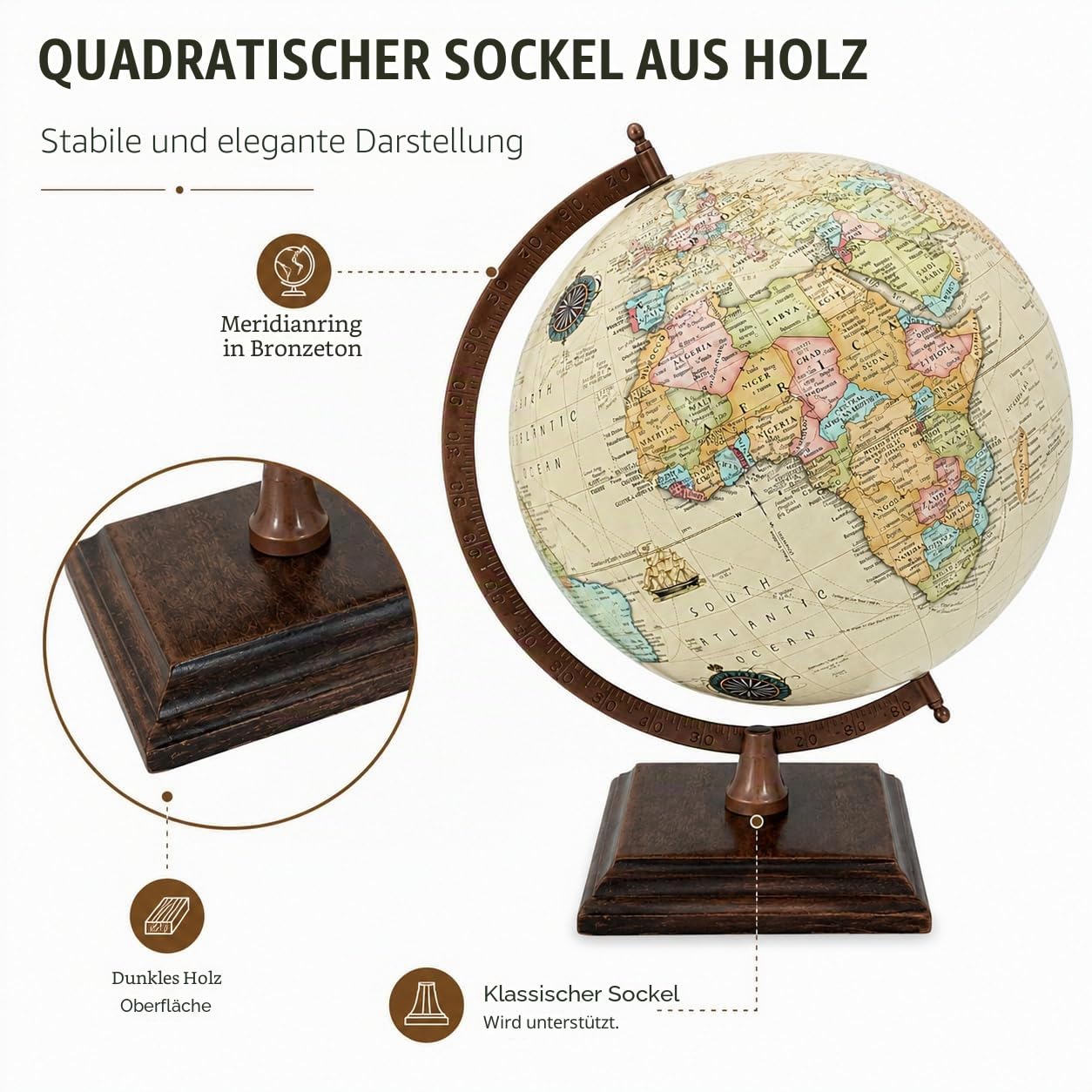 EXERZ 30cm antiker Globus mit quadratischem Holzsockel, moderne Karte in Vintage-Farben, handgefertigt | Handgefertigte Kugel für Zuhause, Büro, Arbeitszimmer und Lernen ab drei Jahren