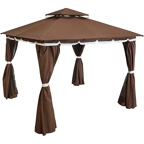 Sunnydaze 10x10 Soft Top Patio Gazebo - Outdoor Gazebo Canopy with Privacy Curtains and Screens for Backyard - Steel Frame - Brown