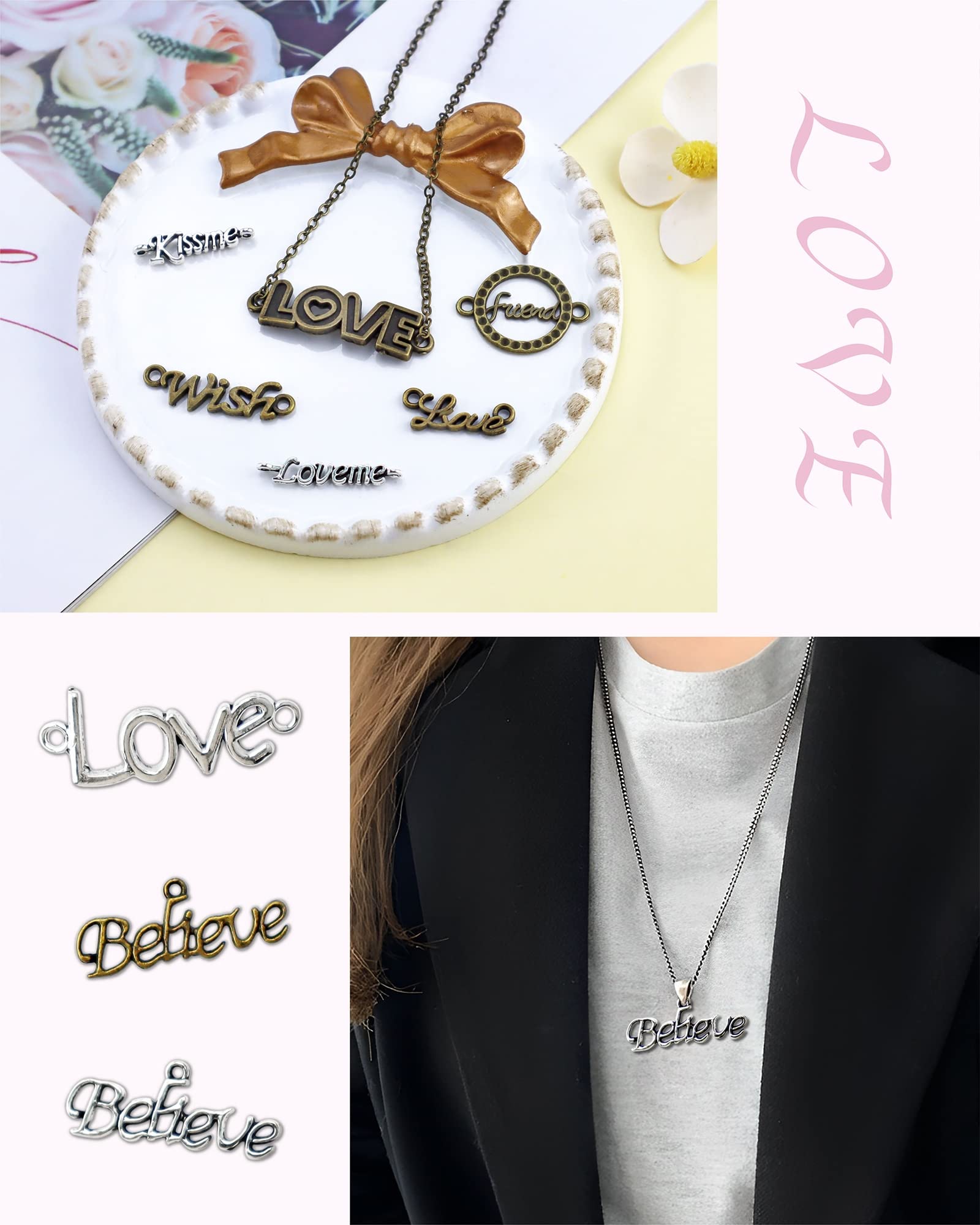 JIALEEY 72pcs Mixed Word Letter LOVE HOPE Believe Wish Kissme Connector Link Charms Pendants DIY for Necklace Bracelet Jewelry Making
