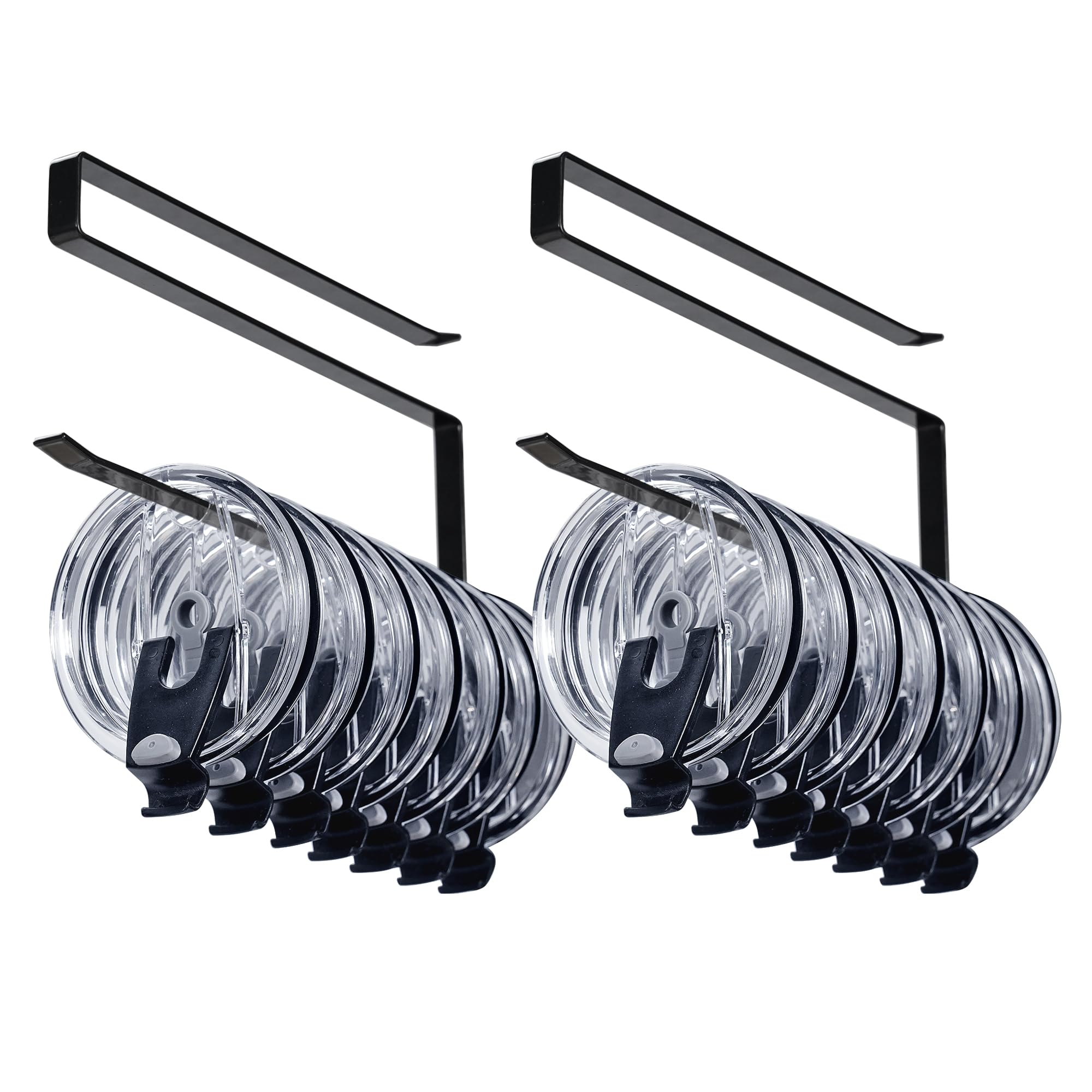 Tumbler Lid Organizers, 2PCS Cup Lid Storage Organizer, Ample Lid Capacity Up to 20 Lids, Clip-On Cup Lid Organizer for Saves Kitchen Space, No Adhesive No Drill, Hanging Paper Towel Rack Hanger