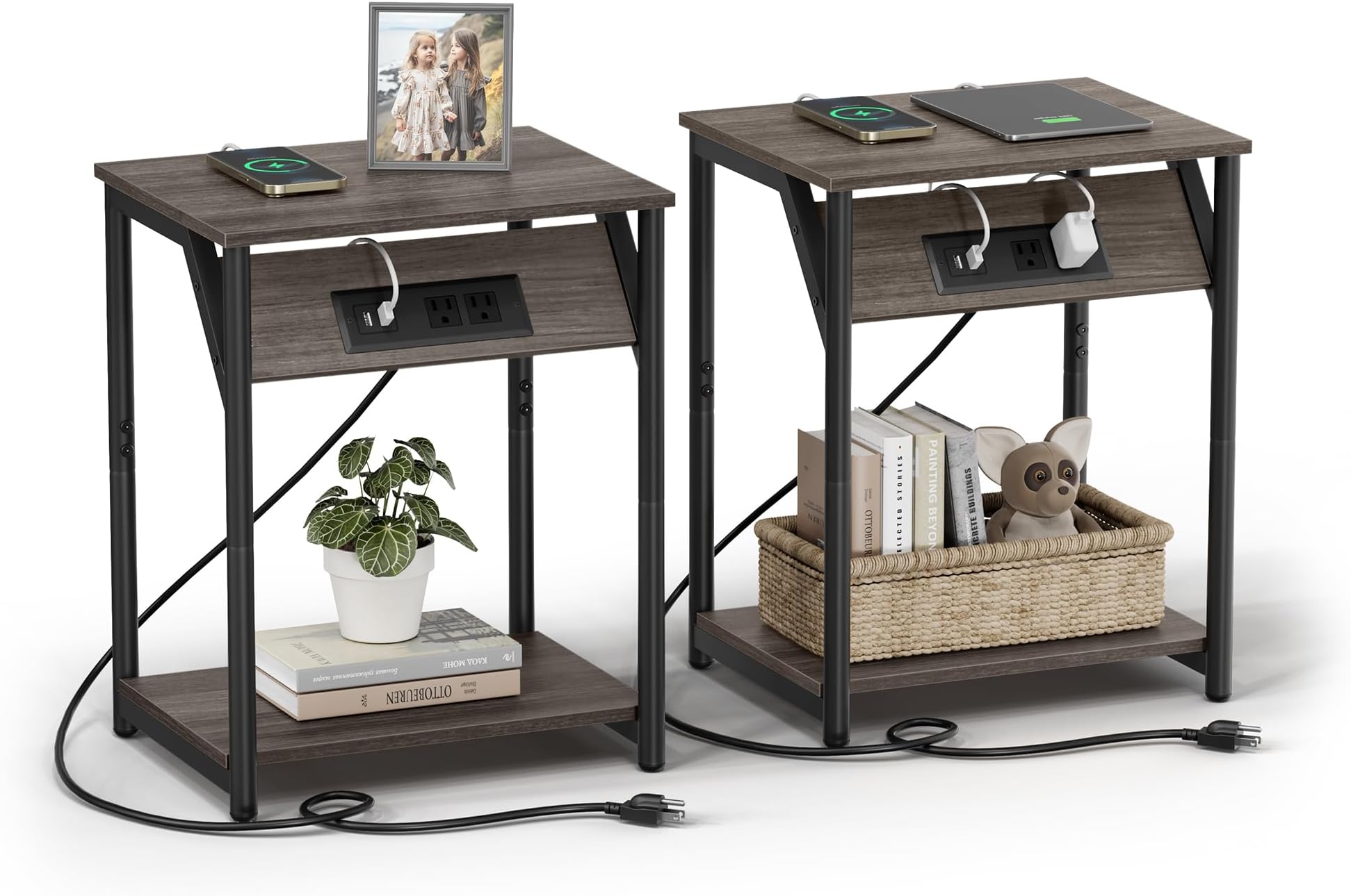 End Table with Charging Station, Set of 2, Small Side Tables for Living Room, Bedroom, Nightstand with Outlets and USB Ports, Bedside Table with Storage Shelf, Chestnut Brown and Black