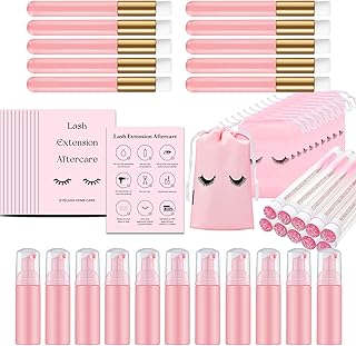 50 PCS Lash Shampoo Brushes Bottle Set, 10 Pcs Lash Shampoo Brushes, 10 Pcs Lash Brushes Tubes, 10 Pcs Eyelash Shampoo Dispensers, 10 Pcs Eyelash Aftercare Bag, 10 Pcs Aftercare Card for Clients, Women ,Girls (Pink)