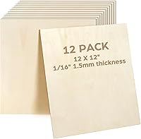 LotFancy 12-Pack Basswood Sheets 12x12x1/16" Smooth Plywood 1.5mm for Laser Cutting, Crafts, Wood Burning, DIY Models