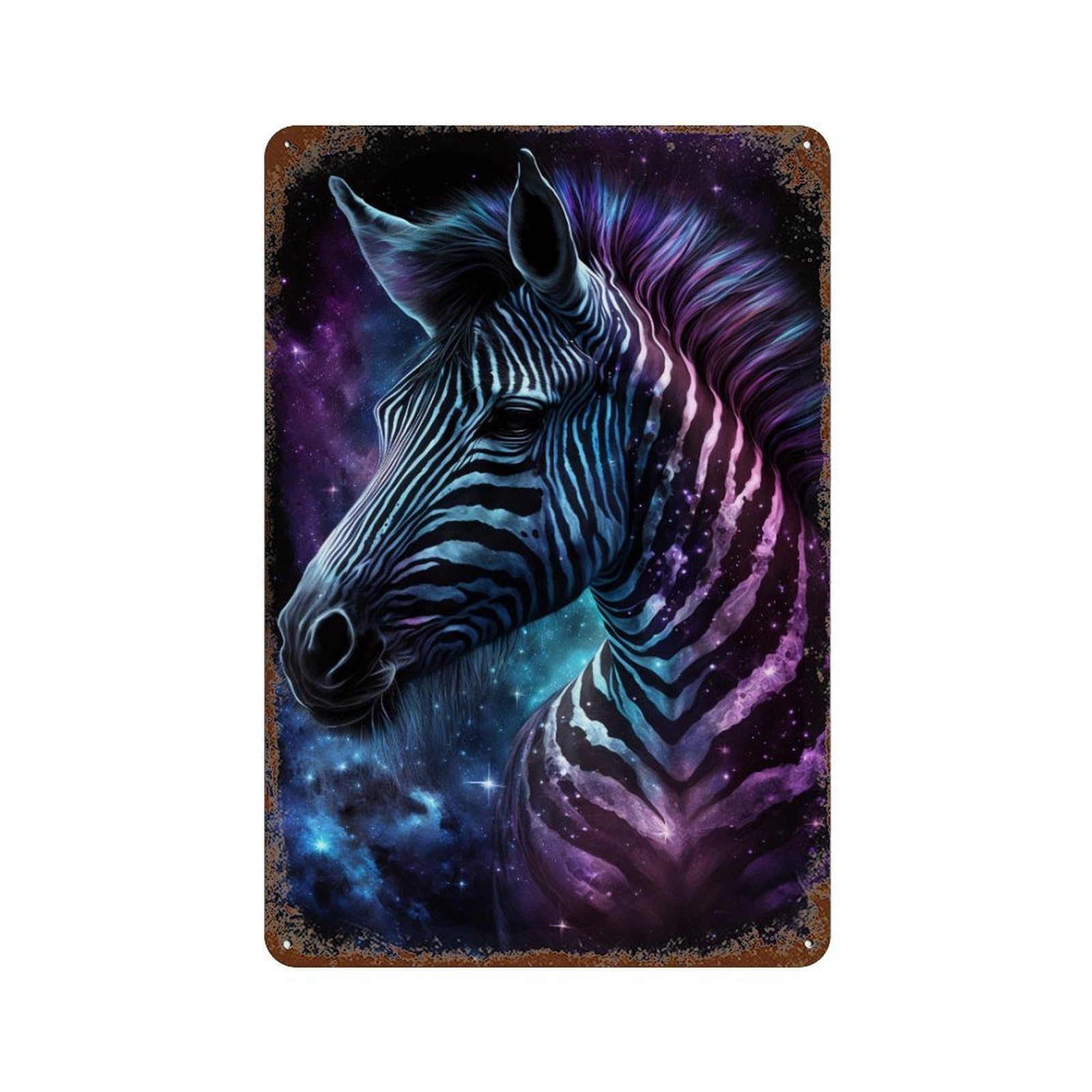 Distressed Metal Wall Sign Cosmic Zebra Art Print-1 11.8"x7.9", Old School Wall Decor for Bistro, Counter And Cafe Decor
