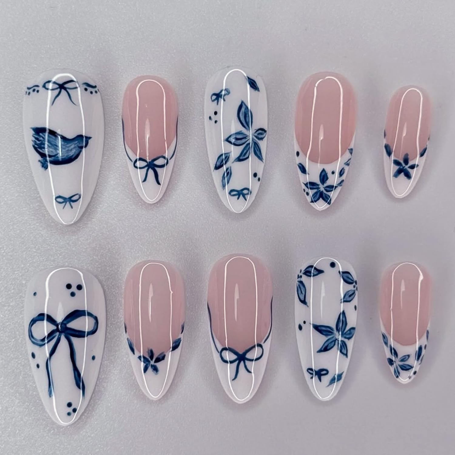 24Pcs French Press on Nails Medium Almond Fake Nails Blue Flower Bow Nail Art Designs Floral Acrylic Nails Full Cover Flowers False Nail Tips Reusable