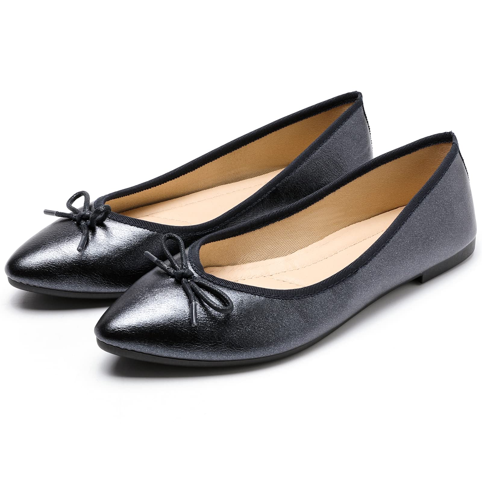 HEAWISH Women’s Flats Shoes Pointed Toe Bow Leather Black Ballet Flats
