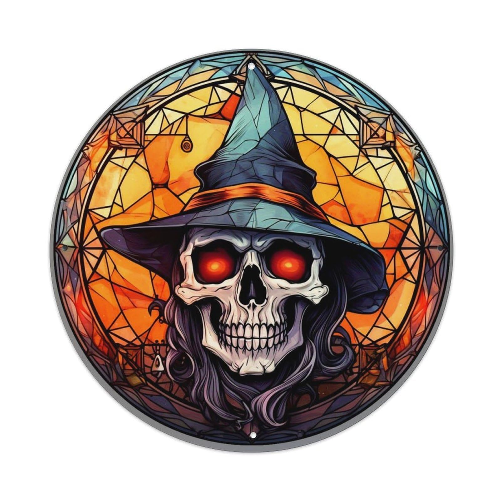 Skull Witch Stained Glass Art Retro Metal Tin Sign, Vintage Metal Poster for home, Gaming Room, Studio Workshop,Bar,Garage Wall Art Decor 8x8 inch