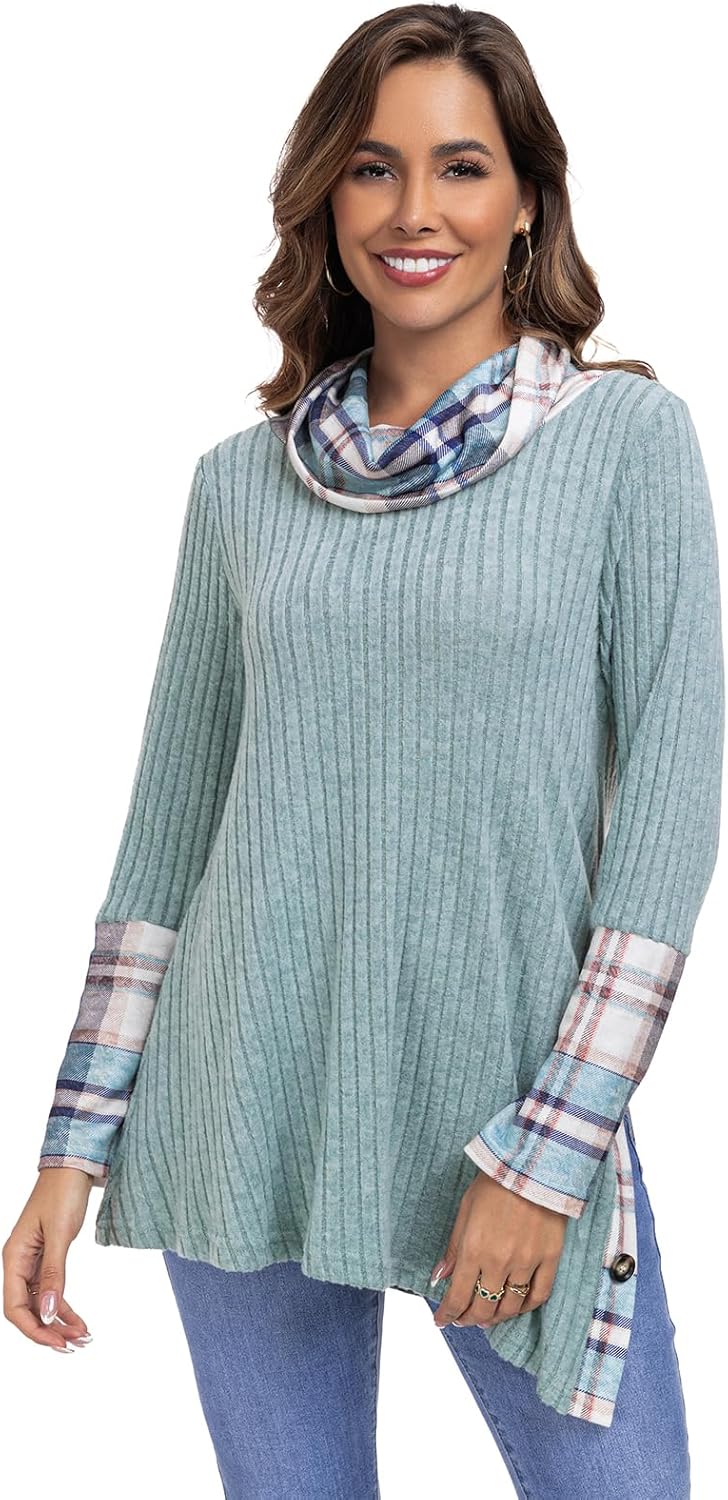 Miusey Women's Cowl Neck Tunic Sweaters Long Sleeve Shirts Lightweight Pullover Sweatshirts Side Split Tunic Tops - Image 2