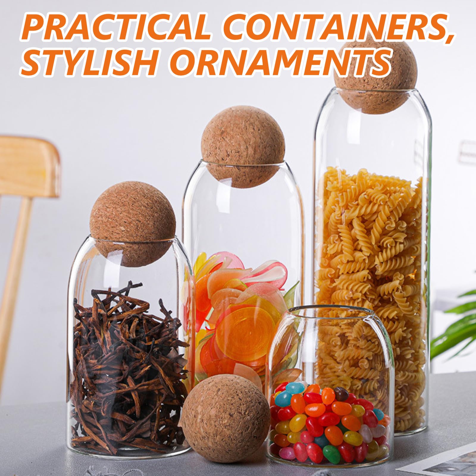 DAJAVE Juego de 4 tarros con bola de corcho, 1500 ml+1200 ml+800 ml+500 ml, cristal transparente apto para alimentos, tarros con tapa para café, especias, azúcar, café, galletas