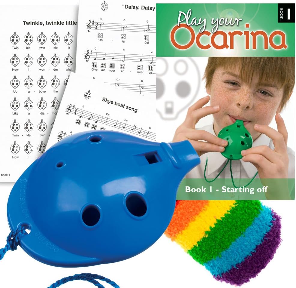 Plastic OCARINA Set, Blue 4-hole, with Book 1 and OcSock
