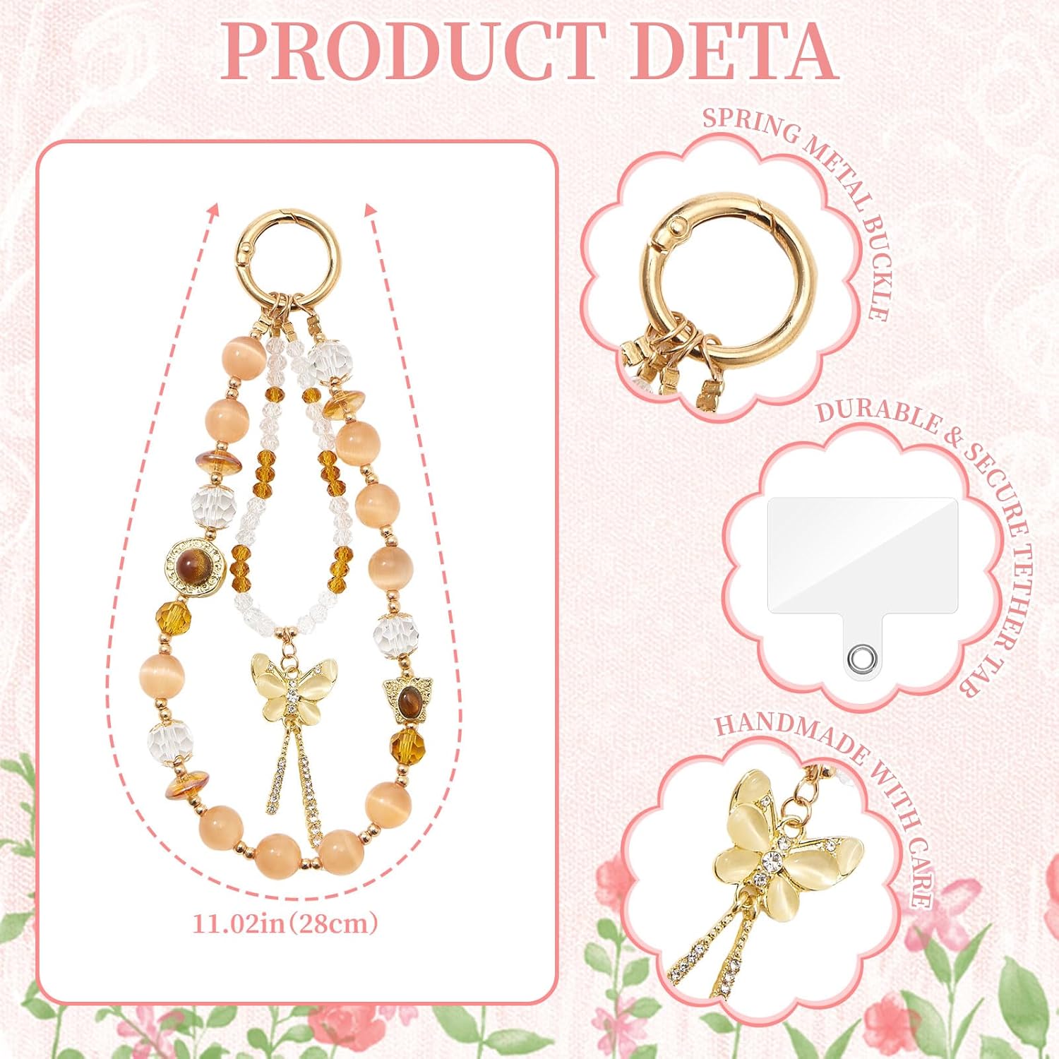 WOZEAH Phone Charm for Women, Beaded Wrist Strap Lanyard with Tether Tab – Anti-Theft Hands-Free Detachable Phone Chain Wristlet - Image 3