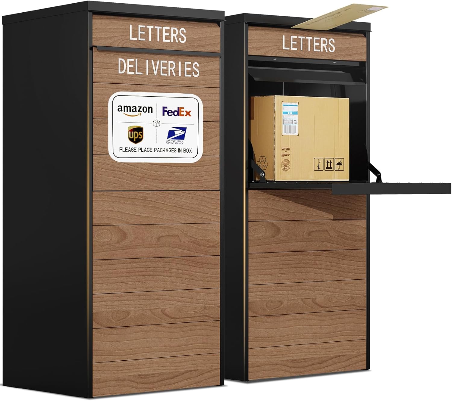 Package Delivery Box for Outside, 41.7” Large Parcel Drop Box with Woodgrain Finish, Anti-Theft & Waterproof Outdoor Package Lock Box for Porch, Yard, Home – Heavy Duty Steel Construction