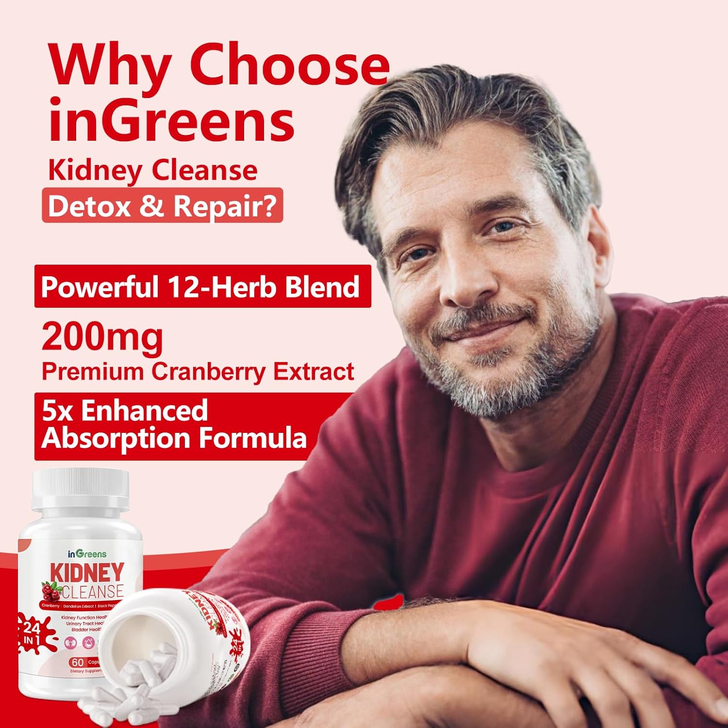 24-in-1 Kidney Support Supplement – Cranberry & Uva Ursi Capsules with Astragalus and Black Pepper Extract for Kidney & Urinary Tract Health – Made in USA, 60 Capsules - Image 2