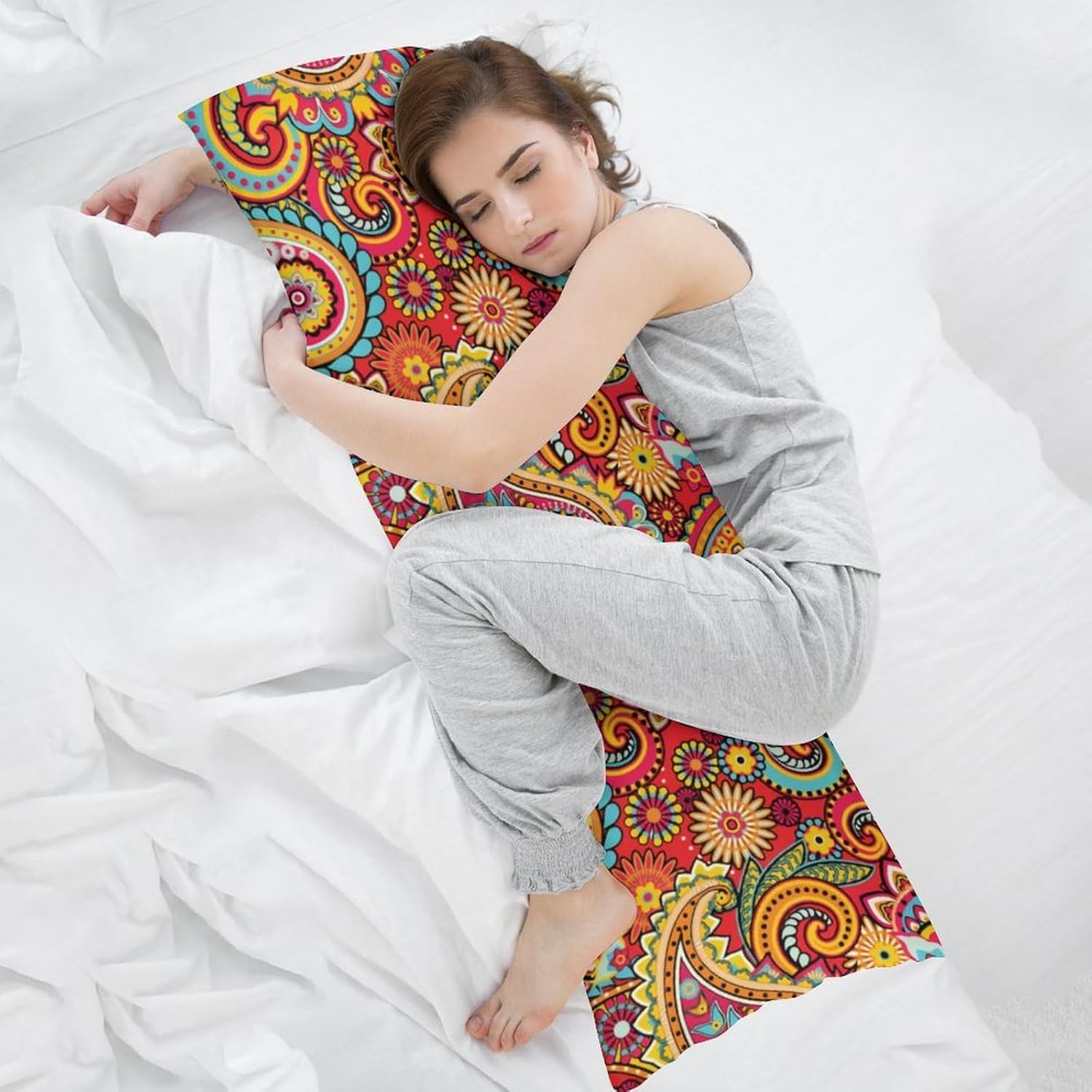 Bright Red Floral Paisley Bohemian Comfortable Polyester Pillow Cover with Long Vertical Stripes and Double-Sided Printing 20"x54"