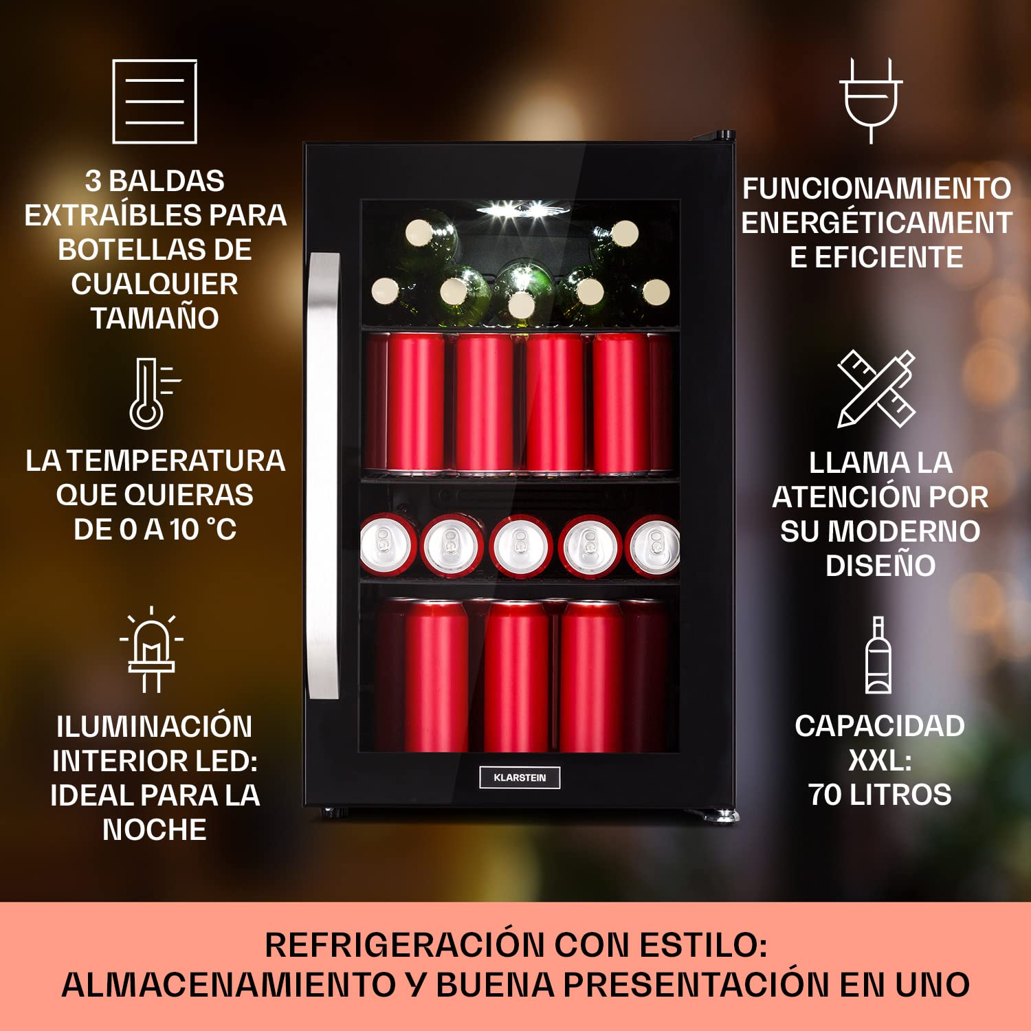 Nevera Klarstein 70L, Minifrigorífico silencioso con estantes extraíbles, puerta de cristal y LED, Apta para exteriores, 0-10°C
