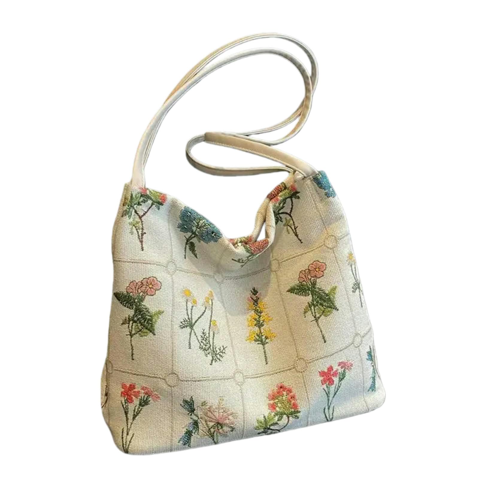 Sac seau en toile brodé à grande capacité blanc pour un porté main et bandoulière confortable
