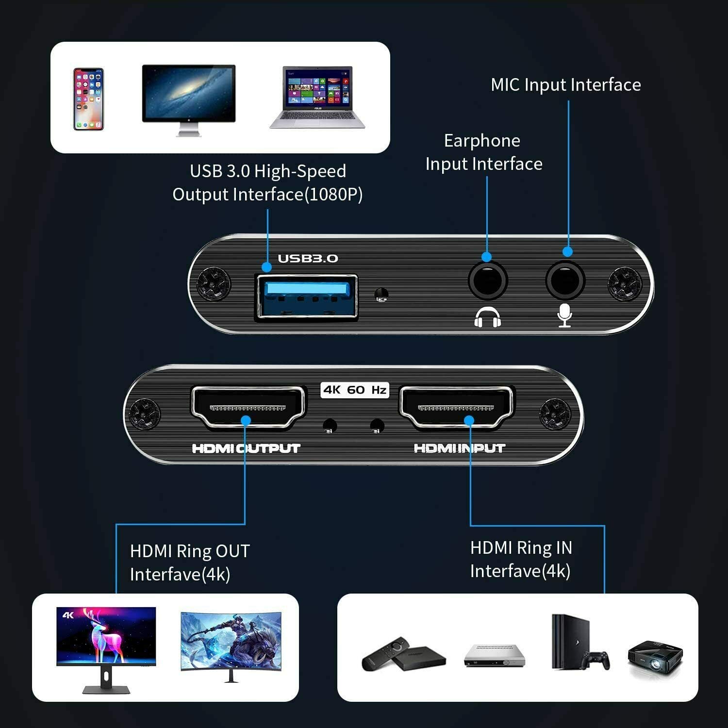 DADAWE 4K Audio Video Capture Card, USB 3.0 HDMI Game Capture Card with HDMI Loop-Out 1080P 60FPS Live Streaming Game Recorder Device for PS4, Nintendo Switch, Xbox One&Xbox 360 and More Black