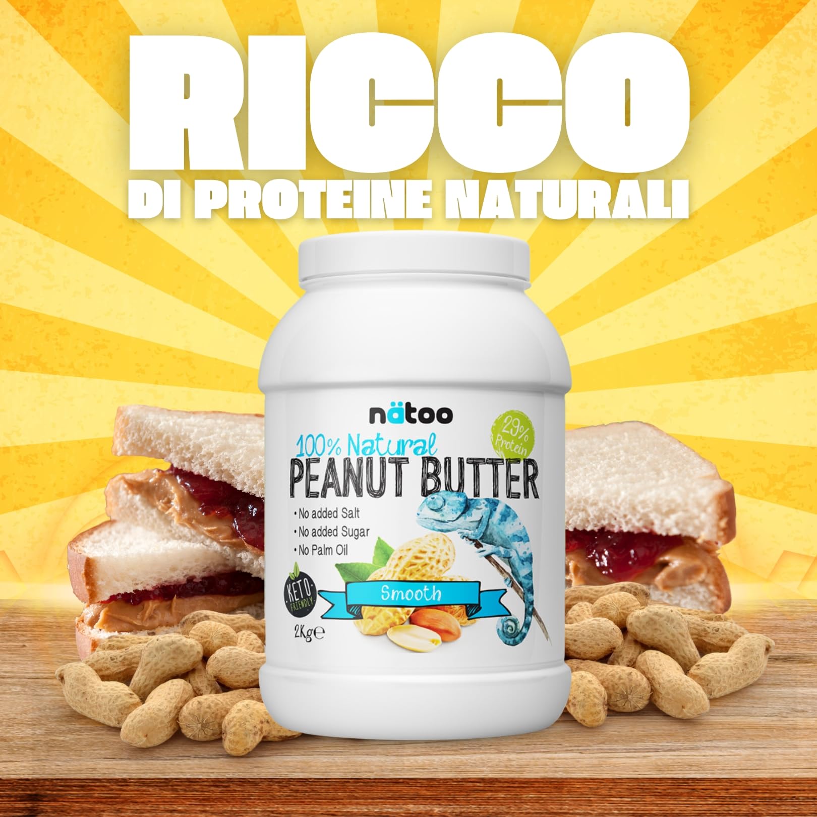 NÄTOO Burro di arachidi senza zuccheri - Peanut Butter - 100% arachidi tostate di alta qualità - 100% naturale Adatto ai Vegani, senza olio di palma e conservanti (2 kg (Confezione da 1), Smooth)