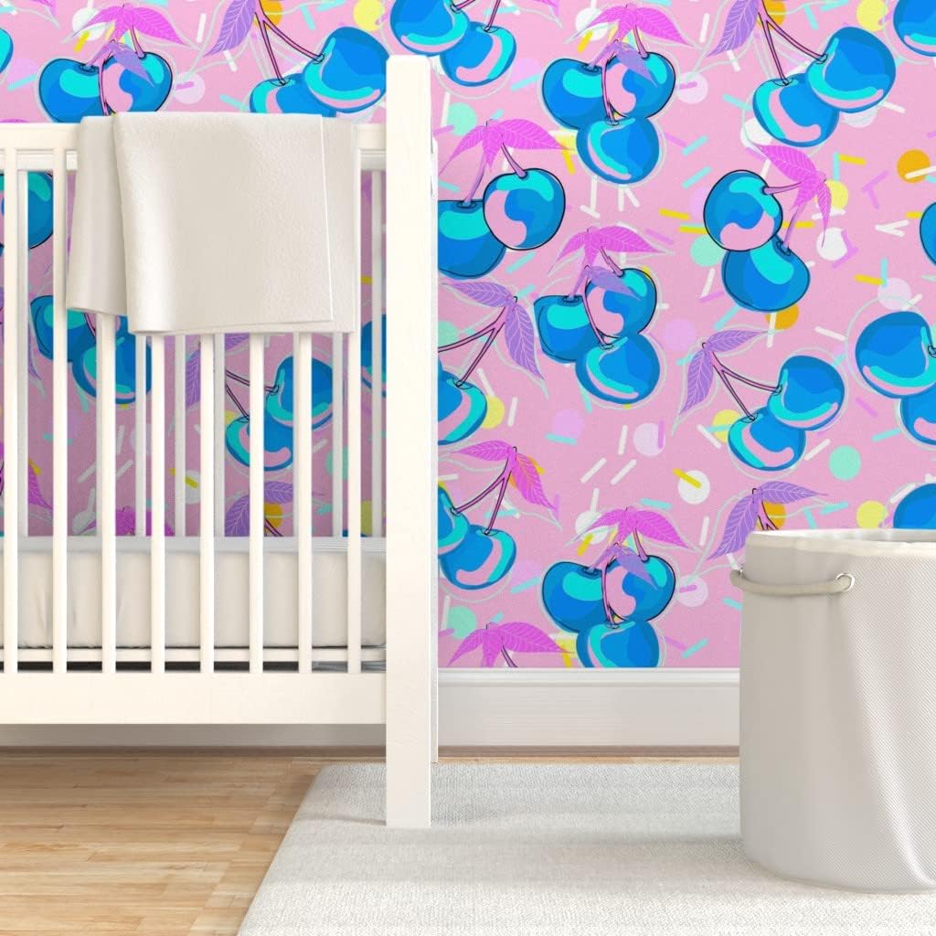 Spoonflower Peel & Stick Wallpaper Swatch - Cartoon Cherries Bright Colors Pink Blue Neon Look Girly Digital Sprinkles Feminine Cute Girl Custom Removable Wallpaper