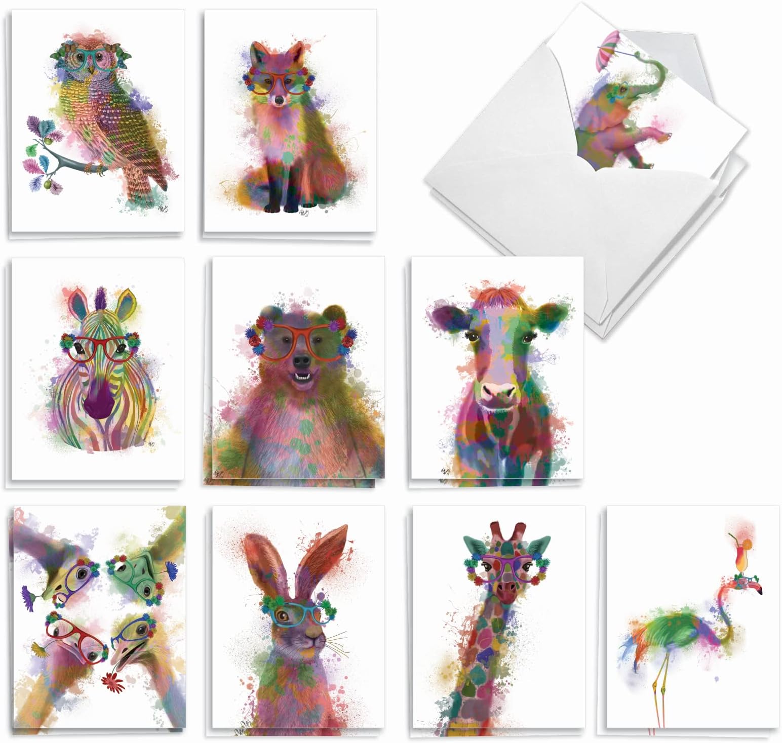 The Best Card Company - 20 Assorted Watercolor Animal Blank Notecards Box Set 4 x 5 In with Envelopes (10 Designs) Camp Note Cards Stationery Set, Funky Rainbow Wildlife AM4948OCB-B2x10