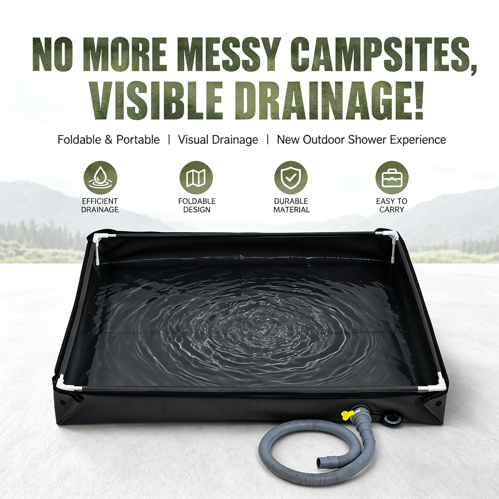 Bac à douche pliable 80x80x10 cm, bac à douche portable avec tuyau d’évacuation, bâche de tente de toit imperméable Oxford durable pour l’intérieur et l’extérieur, base de douche de camping pour plage