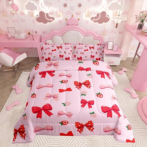 Feelyou Kids Pink Bowknot Bedding Set Full Size Cute Strawberry Bow Tie Comforte