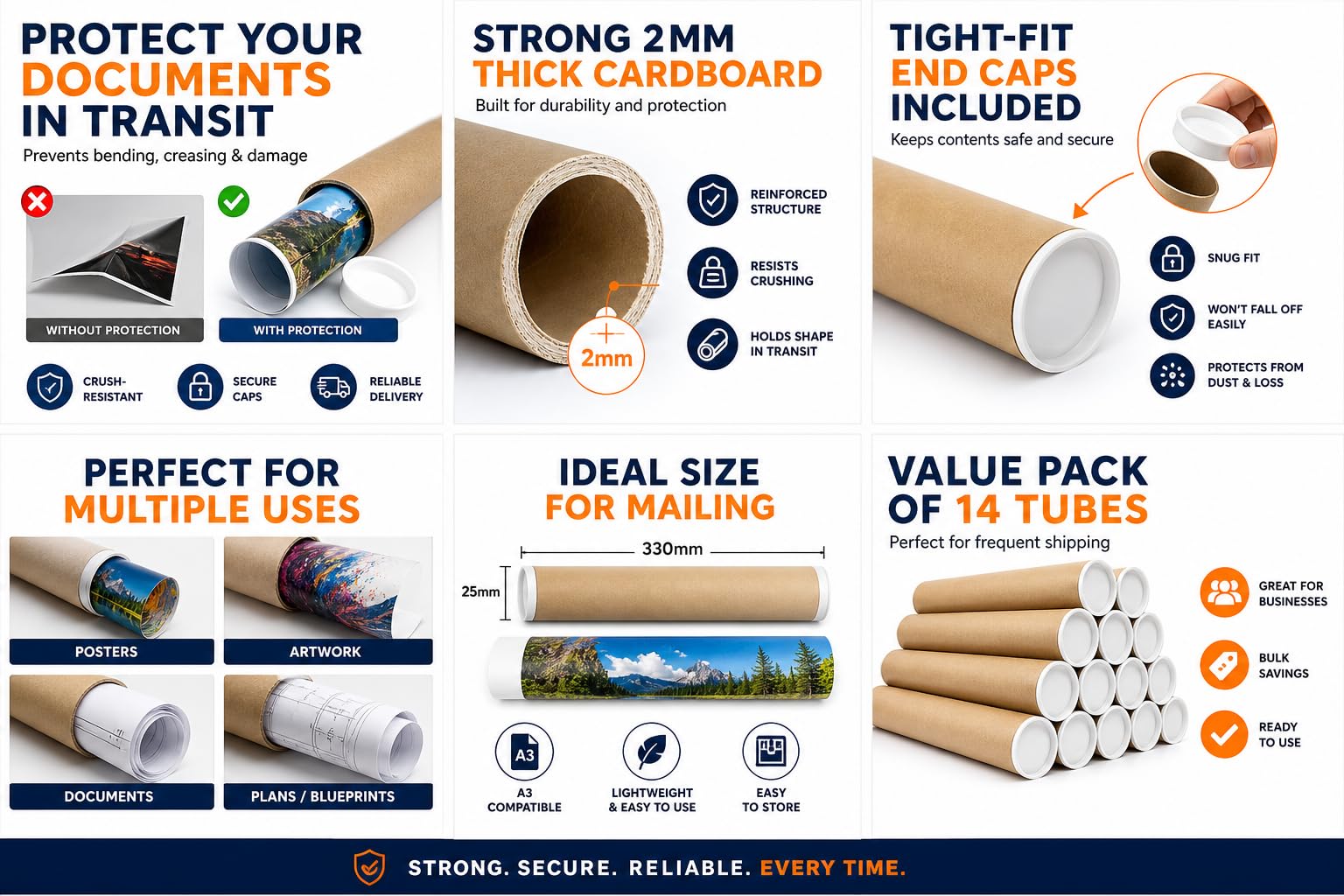 ShieldUp Tubes Postaux en Carton Solide 25 mm x 330 mm Lot de 14