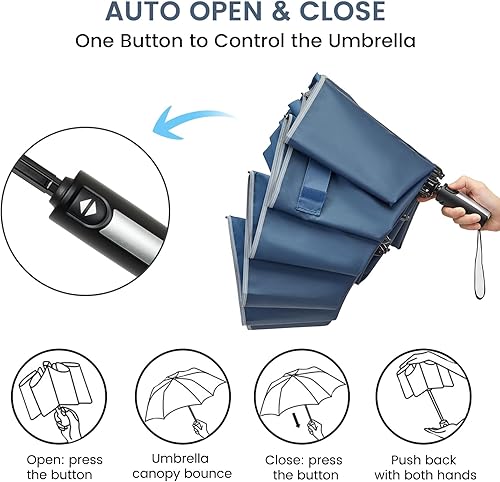 Miniatura 6 de G4Free Paraguas invertido resistente al viento de 62 pulgadas con rayas reflectantes, paraguas grande y compacto de golf para lluvia, 10 varillas,