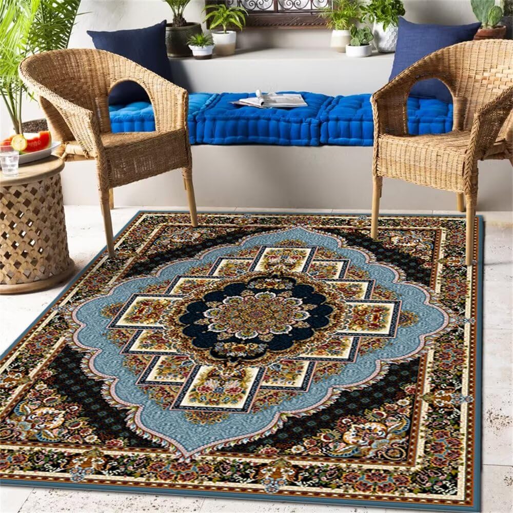 Tapis salon poil court 140x180 cm bleu floral rétro pour chambre