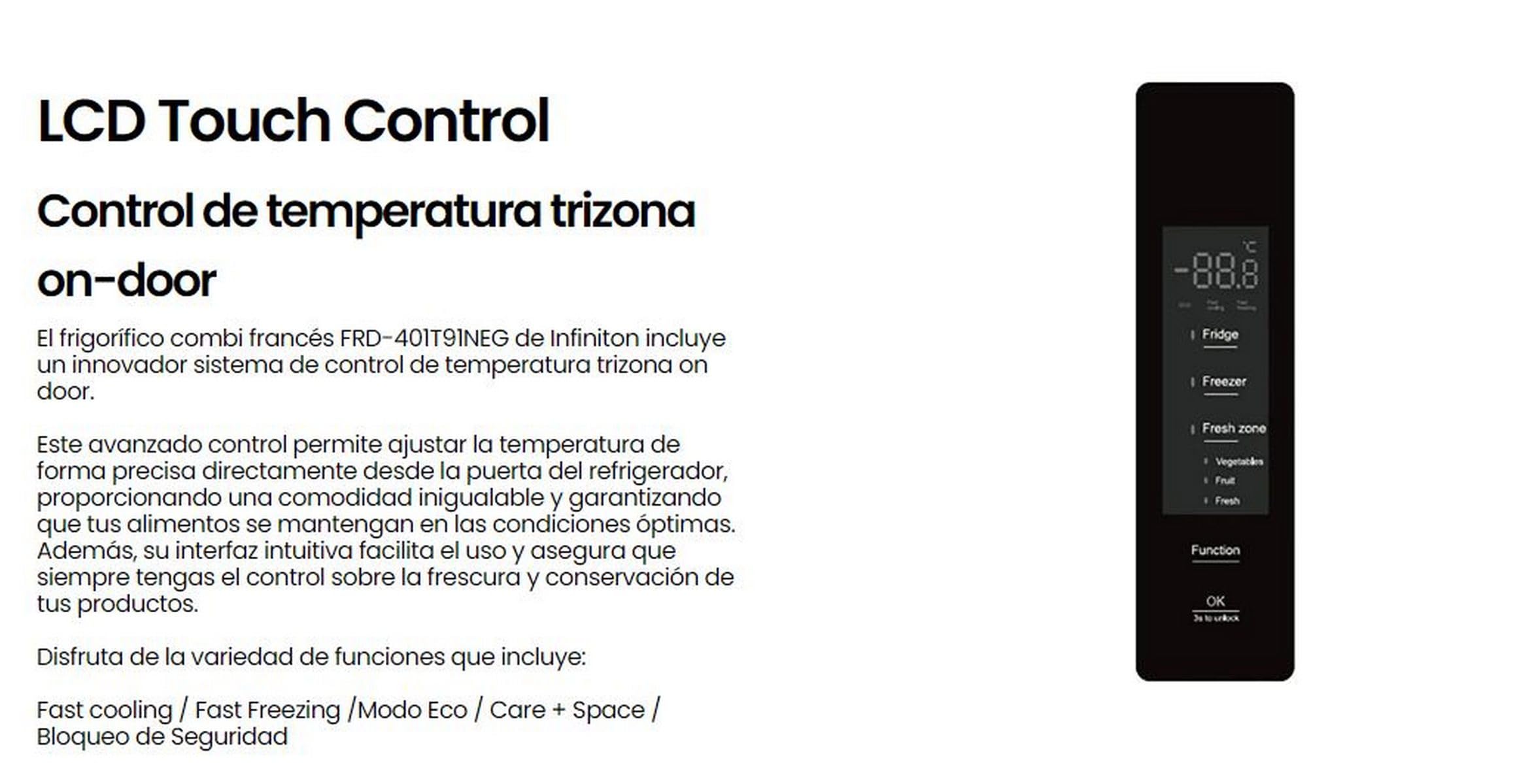 INFINITON Frigorifico Francés FRD-401T91, 401 Litros, 190 cm de Altura, E, Técnologia Inverter, Fast Cooling, Fast Freezing, Puerta reversible, Tecnología Care + space (Crystal Black || FRD-401T91NEG)