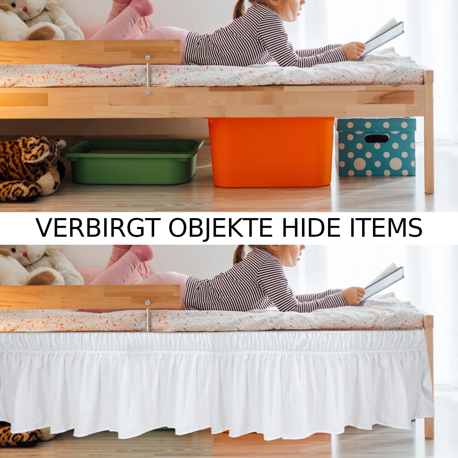 Gonna da letto con volant, 150 x 200/180 x 200, biancheria da letto con doppio elastico, Ruffled Solid Bed Rock, per letto alto 40 cm, gonna bianca (180 x 200 cm)