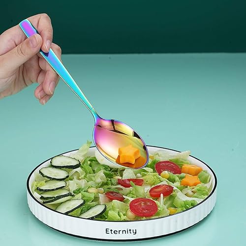 Miniatura 5 de HOMQUEN - Juego de 4 tenedores de cena Rainbow de acero inoxidable resistente de 7.8 pulgadas, diseño moderno, tenedor de mesa chapado de titanio,