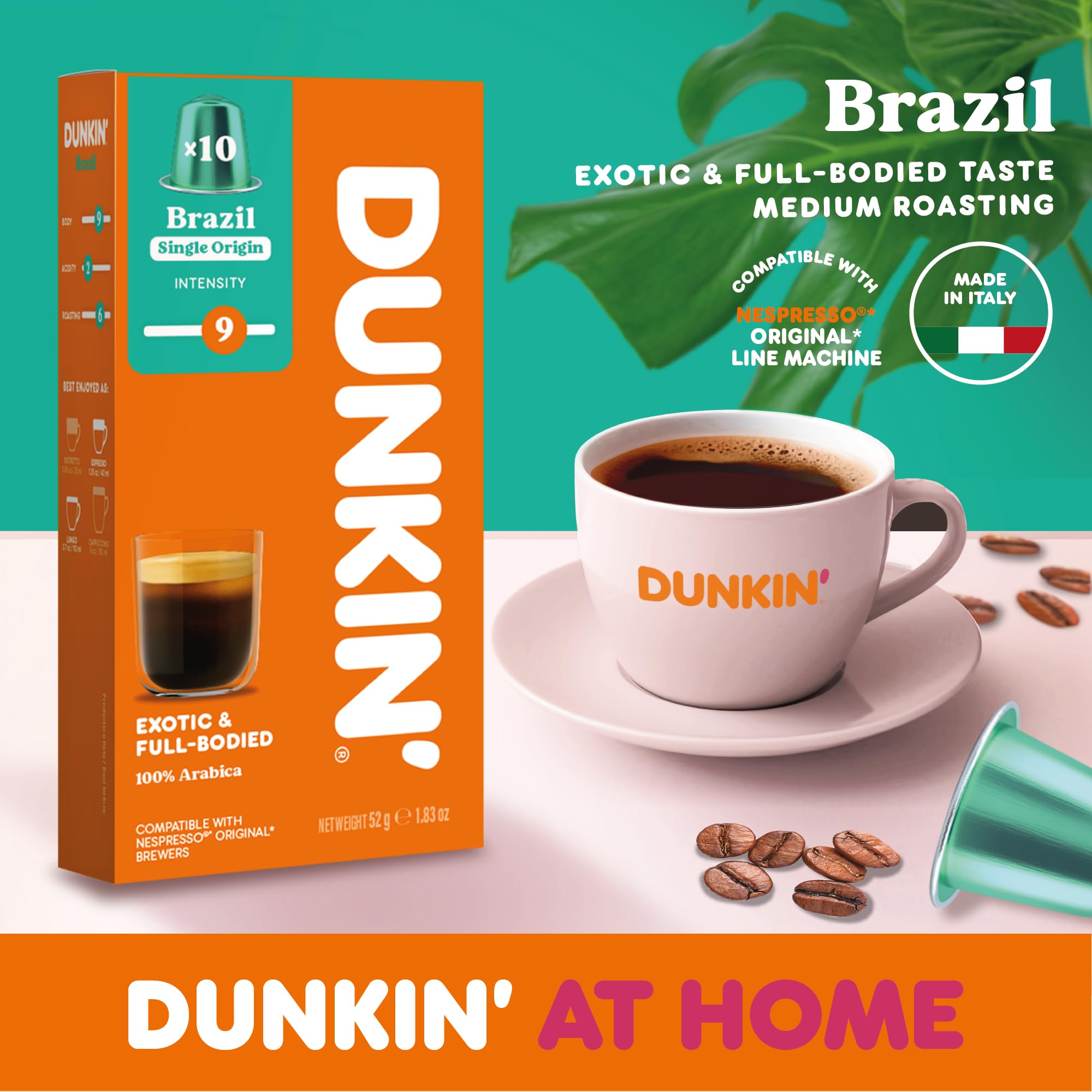 Dunkin’ Donuts Brazil Single Origin – 100 kapsułek kawy kompatybilnych z Nespresso – 100% Arabica – Łagodne palenie o brazylijskim charakterze – Aromatyczna, pełna i wyjątkowa kawa