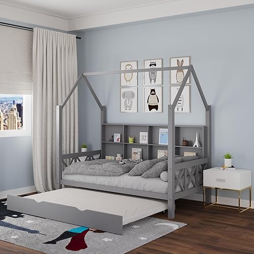 Cama individual con cama nido y techo para niños, marco de cama de madera tamaño individual con estantes de almacenamiento, barandillas de madera,