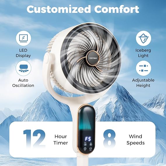 COSTWAY Oscillating Pedestal Fan, Quiet Standing Fan with 8 Speeds, Remote, 12H Timer, 21-38 Adjustable Height and LED Display, Air Circulator with Auto Oscillation, Floor Fan for Bedroom, White