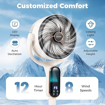 COSTWAY Oscillating Pedestal Fan, Quiet Standing Fan with 8 Speeds, Remote, 12H Timer, 21-38 Adjustable Height and LED Display, Air Circulator with Auto Oscillation, Floor Fan for Bedroom, White