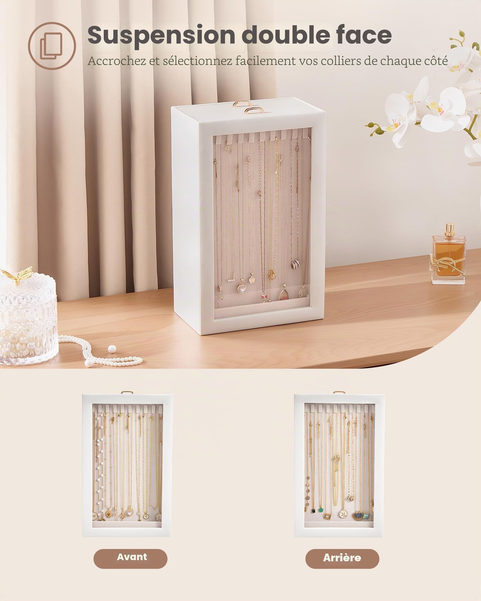 Lolalet Rangement Colliers Vertical Double Face, Boîte à Colliers avec Fenêtre Transparente, Présentoir à Bijoux Grande Capacité -2 Niveaux, Blanc
