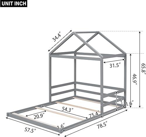 Miniatura 2 de Harper & Bright Designs Cama de casa de tamaño matrimonial para niños, cama de suelo completo con cabecera en forma de casa, marco de cama de piso