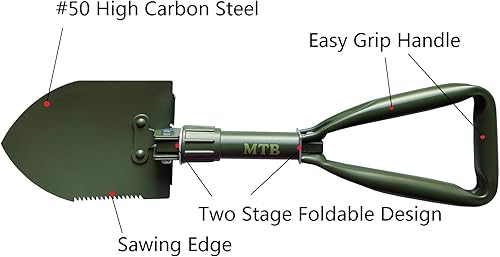 Miniatura 3 de MTB - Pala plegable militar para campamento, herramienta de entrenamiento de acero de alto carbono con borde de sierra de madera y funda de