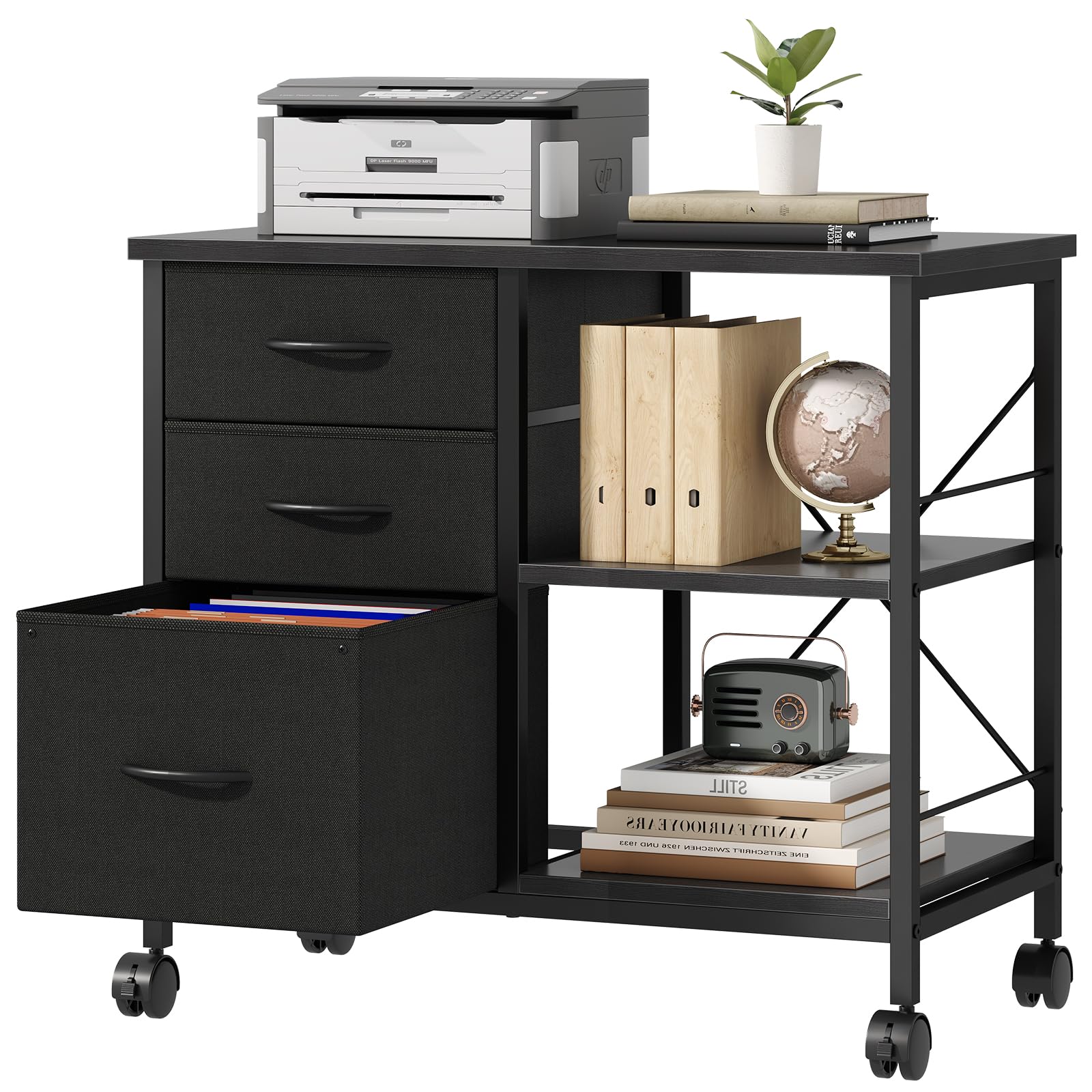 DUMOS 3 Drawer Mobile File Cabinet, Freestanding Fabric Lateral Filing Cabinet Fits A4/Letter Size, Space Saving Rolling Printer Stand with X-Frame and Open Storage Shelf for Home Office, Modern Black