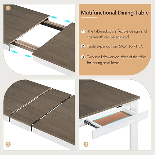 Miniatura 3 de Juego de comedor de madera de 7 piezas, mesa extensible multifuncional con hojas de 12 pulgadas y 2 cajones, más 6 cómodas sillas de comedor con