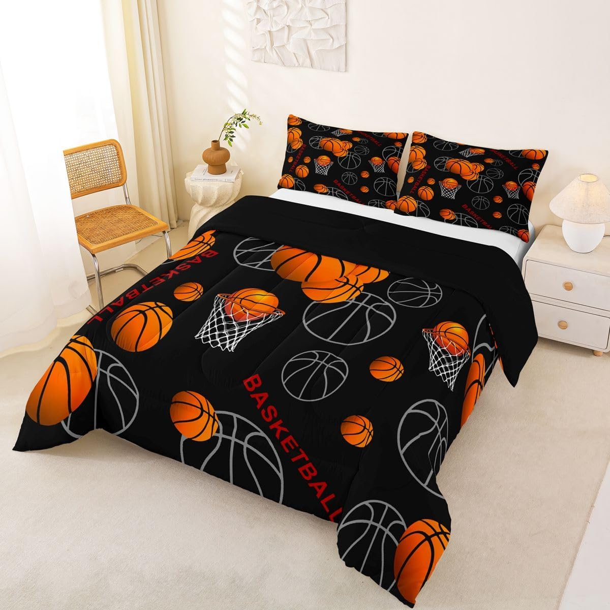Erosebridal Basketball Full Bedding Set - Sports Themed Comforter Set with 3 Pieces and 2 Pillow Cases in Orange and Black