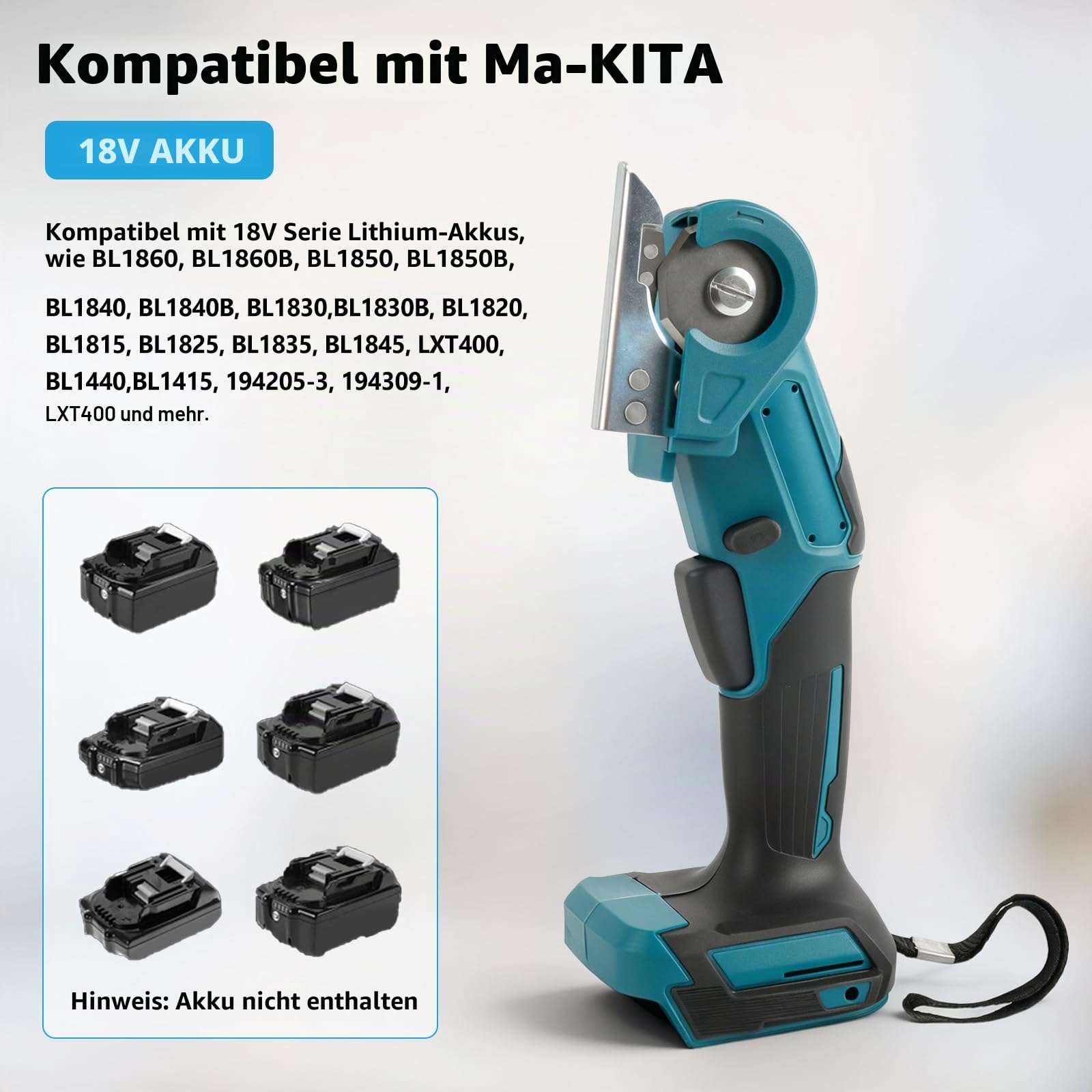 Akku Kartonschneider Kompatibel mit Makita 18V Akku (Kein Akku), Kabelloser Kartonschneider, Elektrische Stoffschere mit 3 Klingen und Aufbewahrungstasche, 6mm Schnitttiefe für Leder, Kunststoff